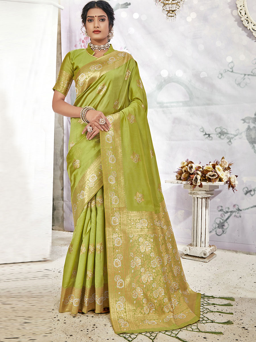 parrot green silk saree with contrast blouse for Sale OFF 73%