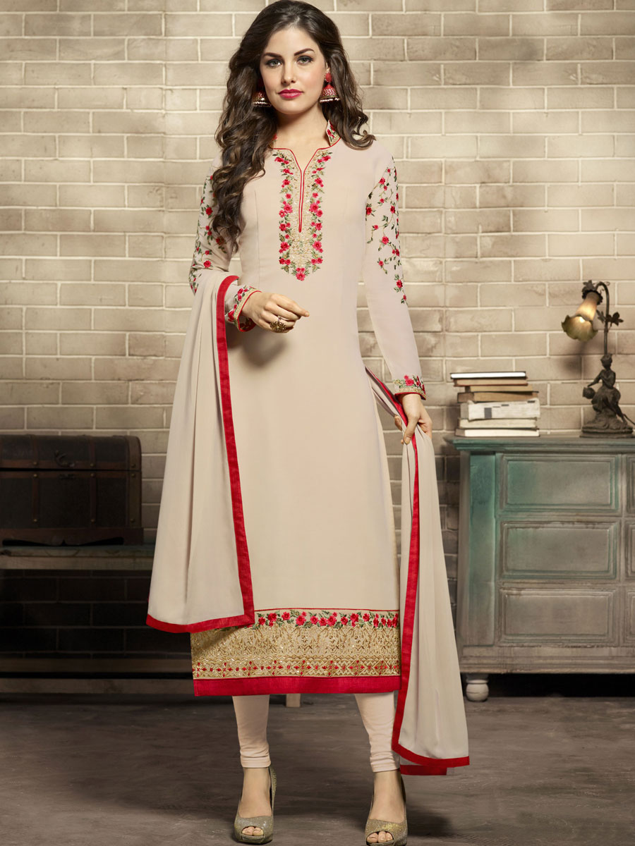 Cream Yellow Faux Georgette Embroidered Festival Churidar Pant Kameez
