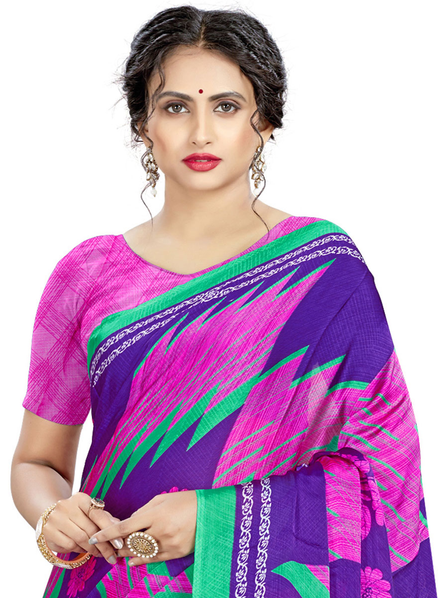 Purple and Rose pInk Crepe Silk Printed Casual Saree