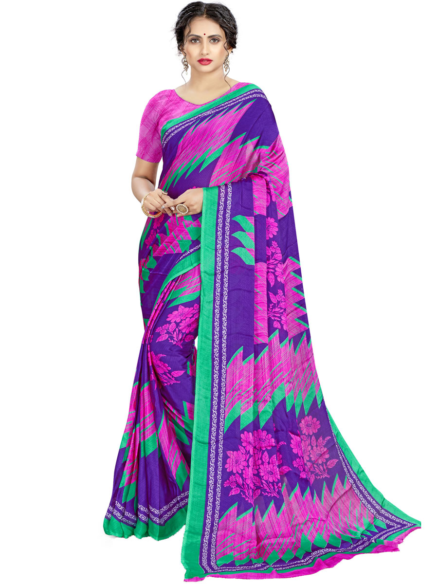 Purple and Rose pInk Crepe Silk Printed Casual Saree