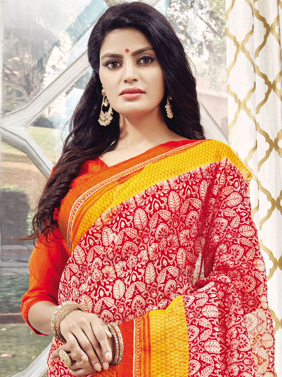 Rose Madder Red and Amber Yellow Kota Printed Casual Saree