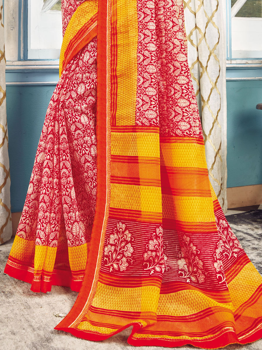 Rose Madder Red and Amber Yellow Kota Printed Casual Saree