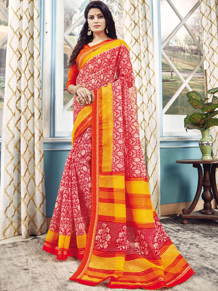 Rose Madder Red and Amber Yellow Kota Printed Casual Saree