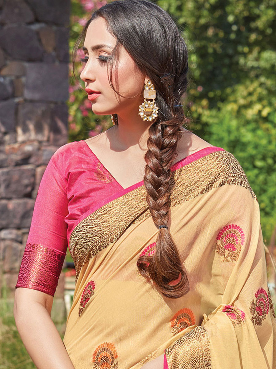 Cream Yellow Cotton Handwoven Festival Saree