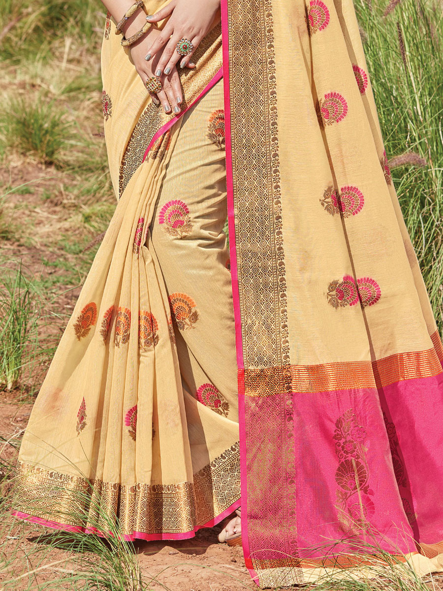 Cream Yellow Cotton Handwoven Festival Saree