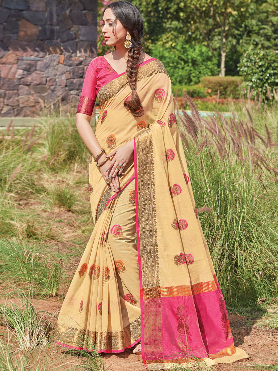 Cream Yellow Cotton Handwoven Festival Saree