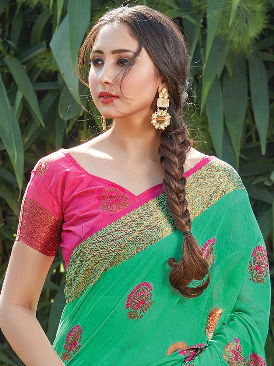 Sea Green Cotton Handwoven Festival Saree