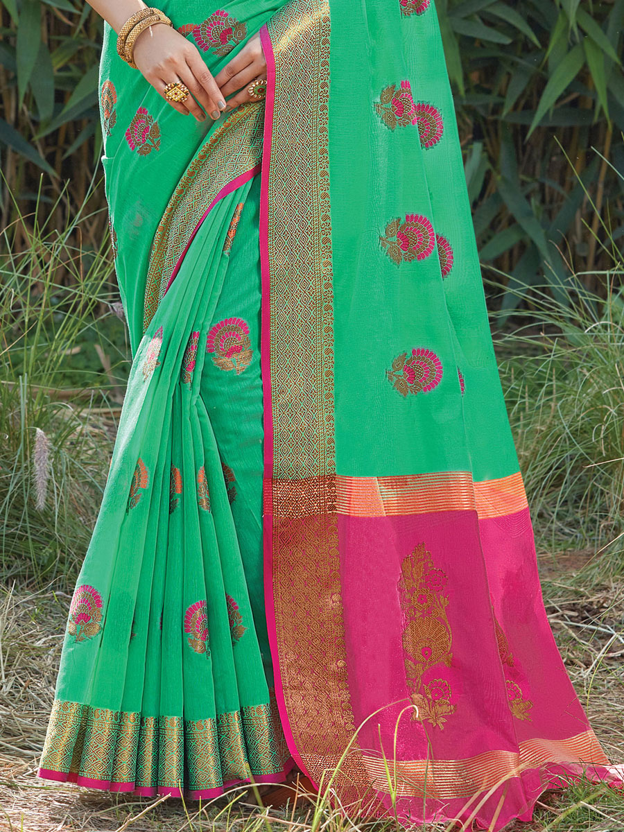 Sea Green Cotton Handwoven Festival Saree