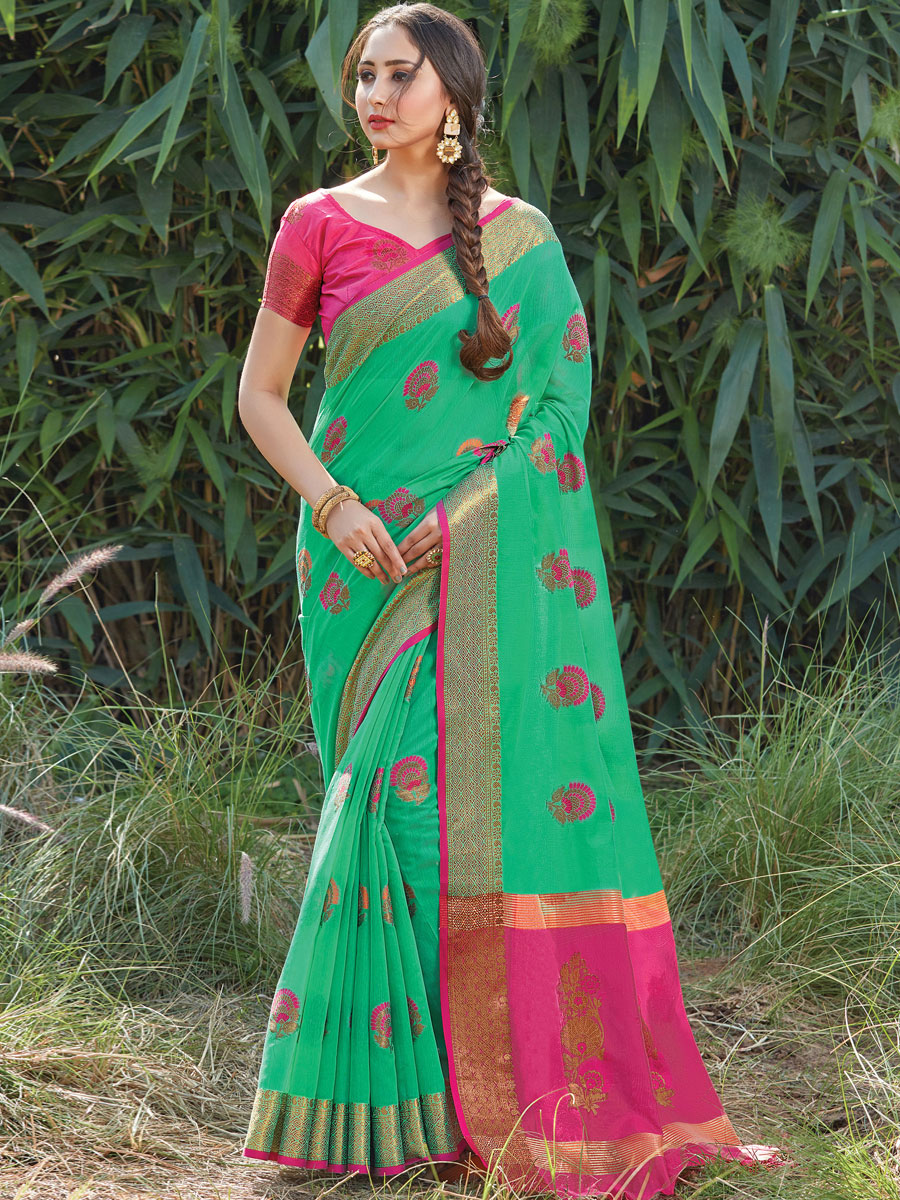 Sea Green Cotton Handwoven Festival Saree