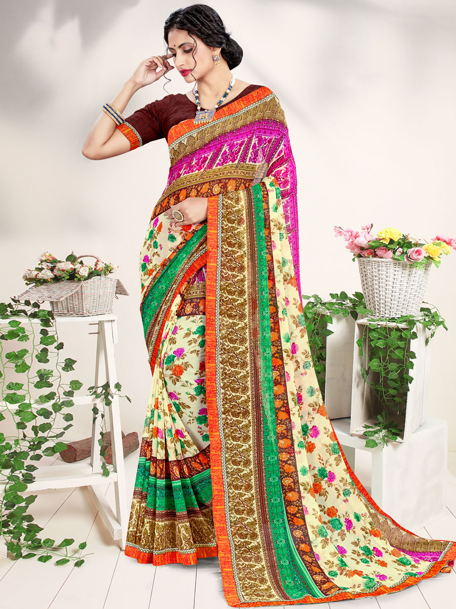 Cream Yellow and Rose Pink Faux Georgette Printed Casual Saree