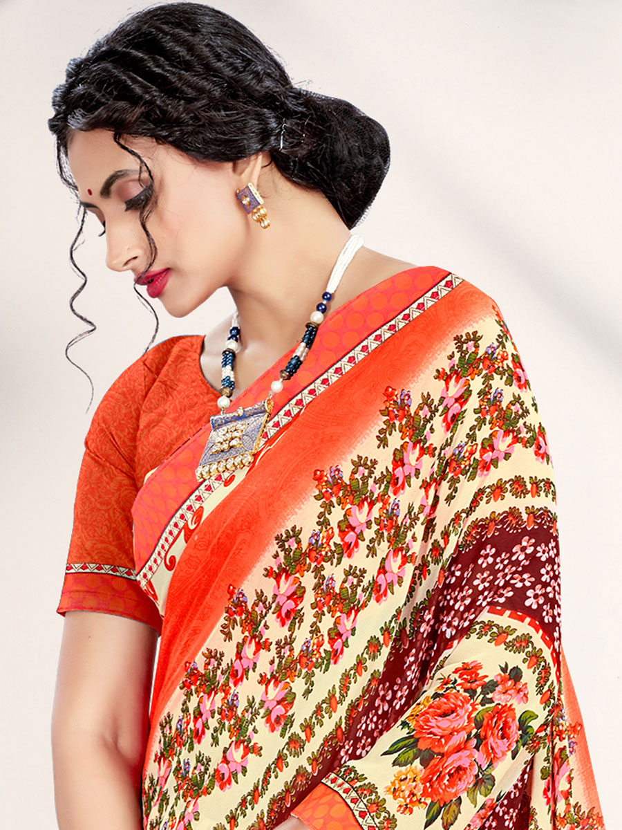 Cream Yellow and Coral Red Faux Georgette Printed Casual Saree