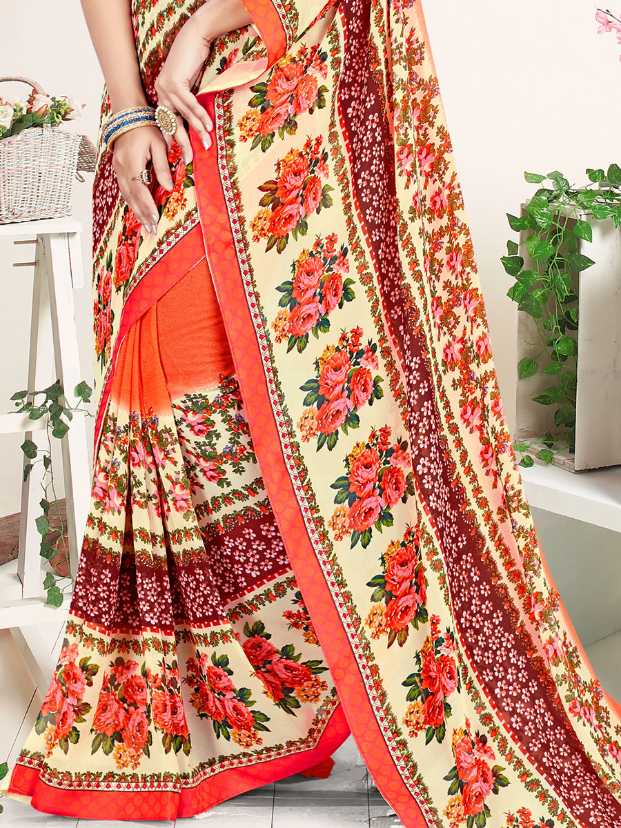 Cream Yellow and Coral Red Faux Georgette Printed Casual Saree