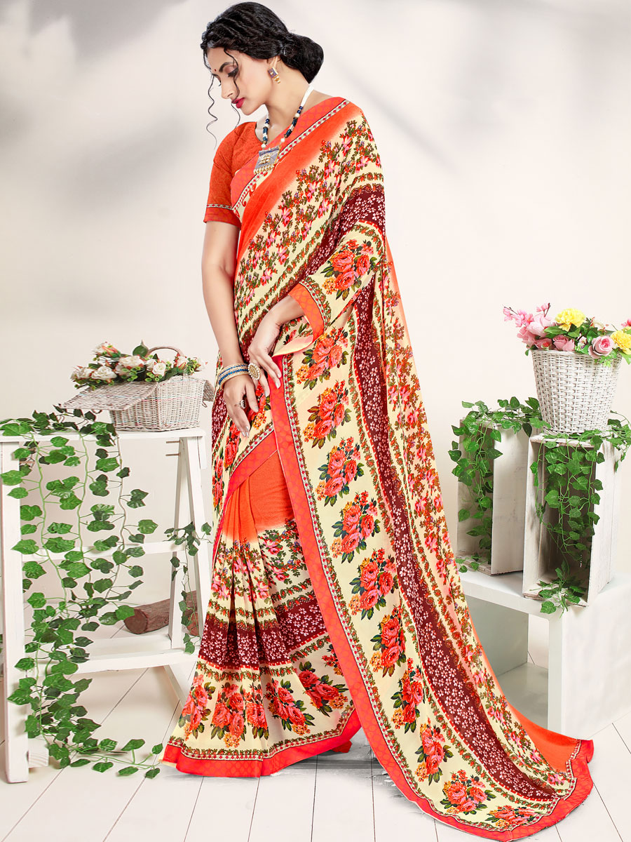 Cream Yellow and Coral Red Faux Georgette Printed Casual Saree