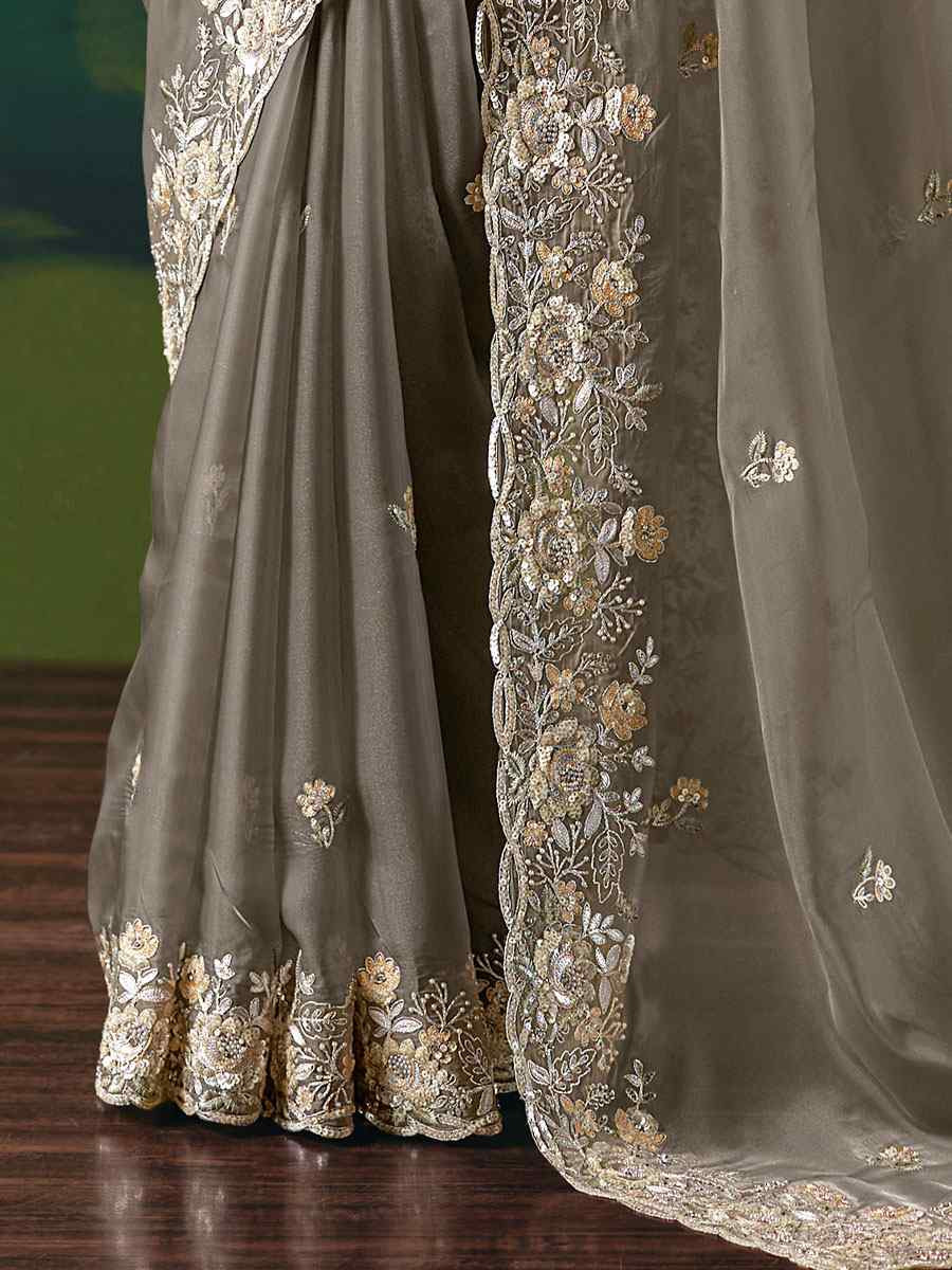 Grey Premium Fancy Silk Embroidery Bridal Reception Festival Wedding Fancy Heavy Border Saree