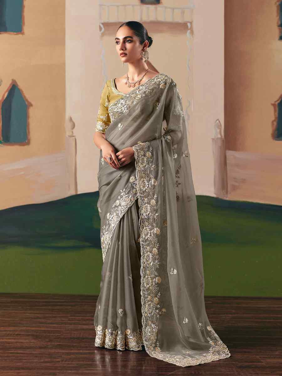 Grey Premium Fancy Silk Embroidery Bridal Reception Festival Wedding Fancy Heavy Border Saree
