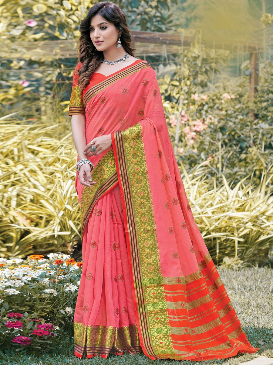 Brink Pink Cotton Handwoven Festival Saree