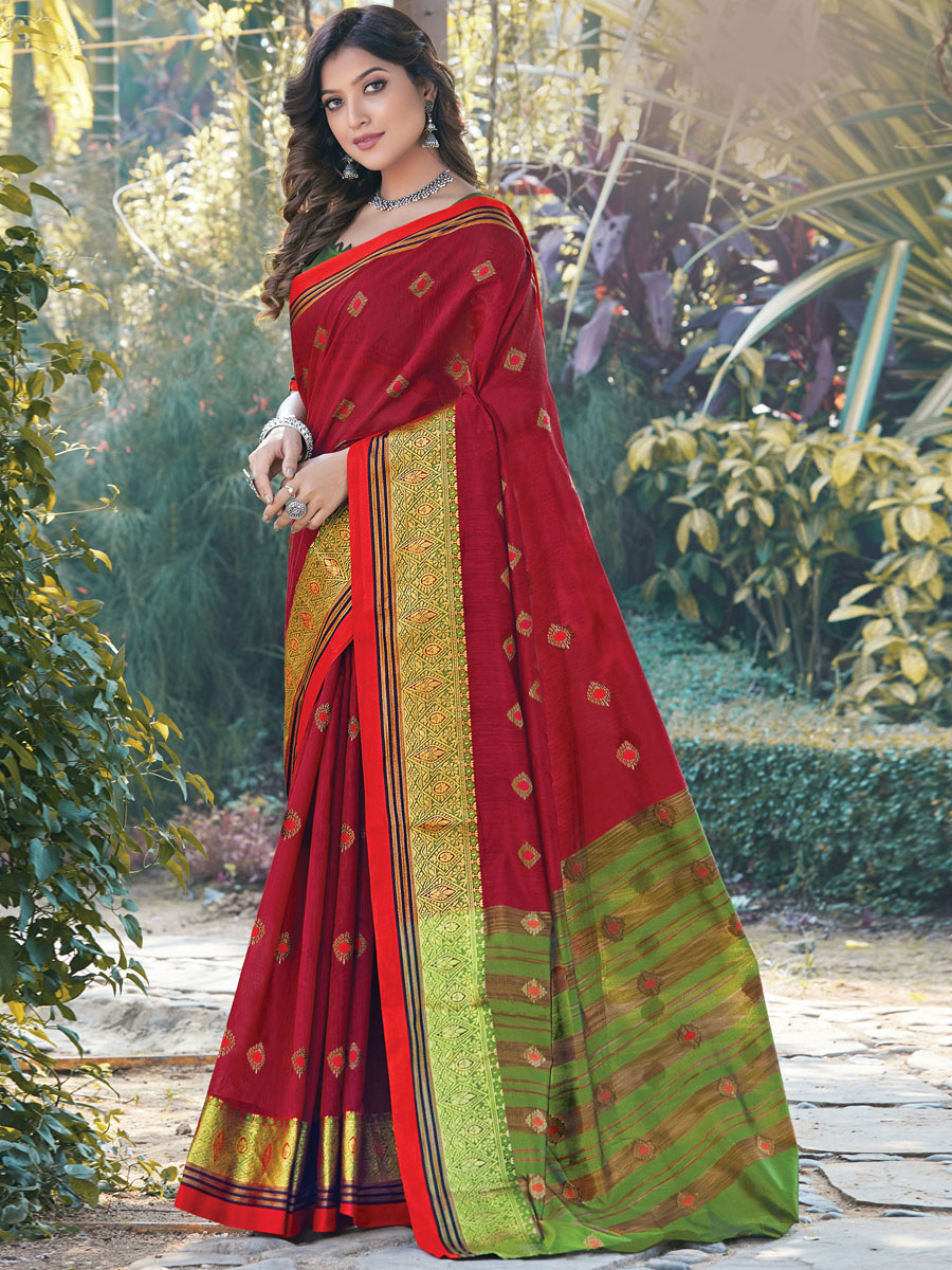 Maroon Cotton Handwoven Festival Saree