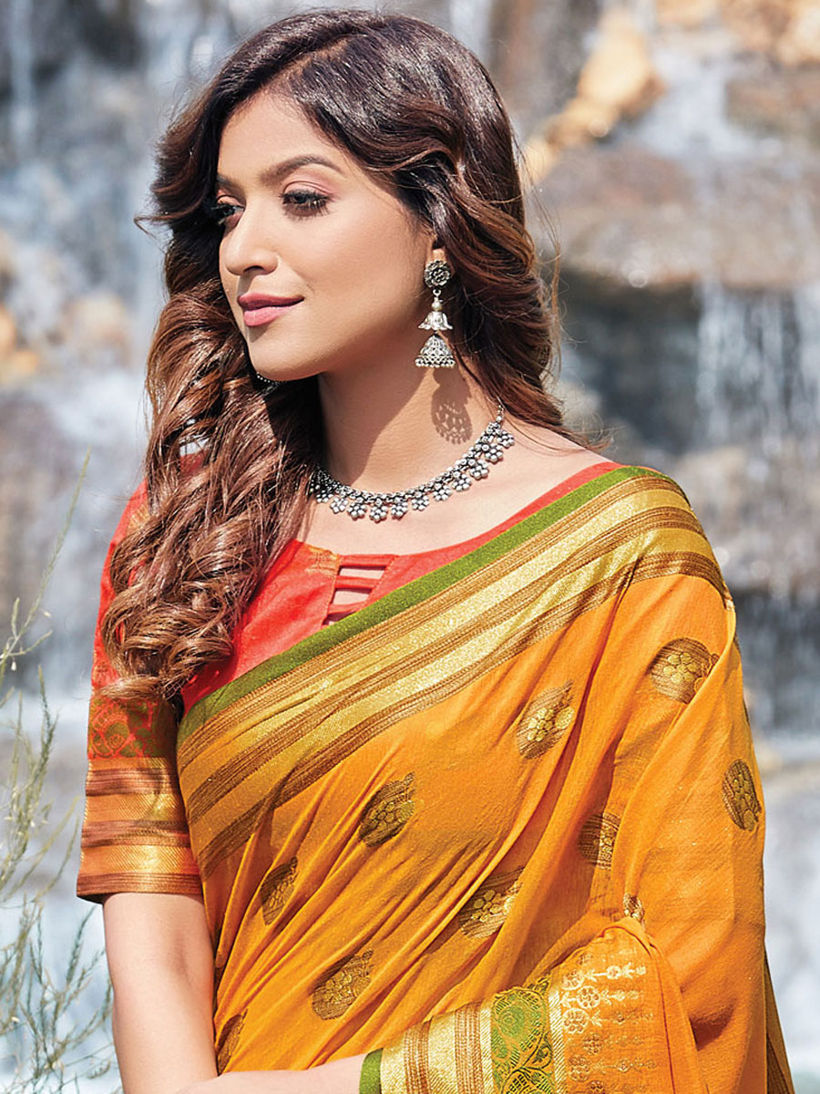 Orange Peel Cotton Handwoven Festival Saree