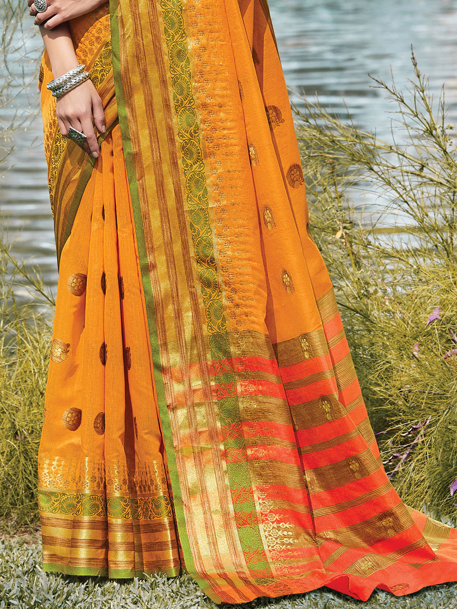 Orange Peel Cotton Handwoven Festival Saree