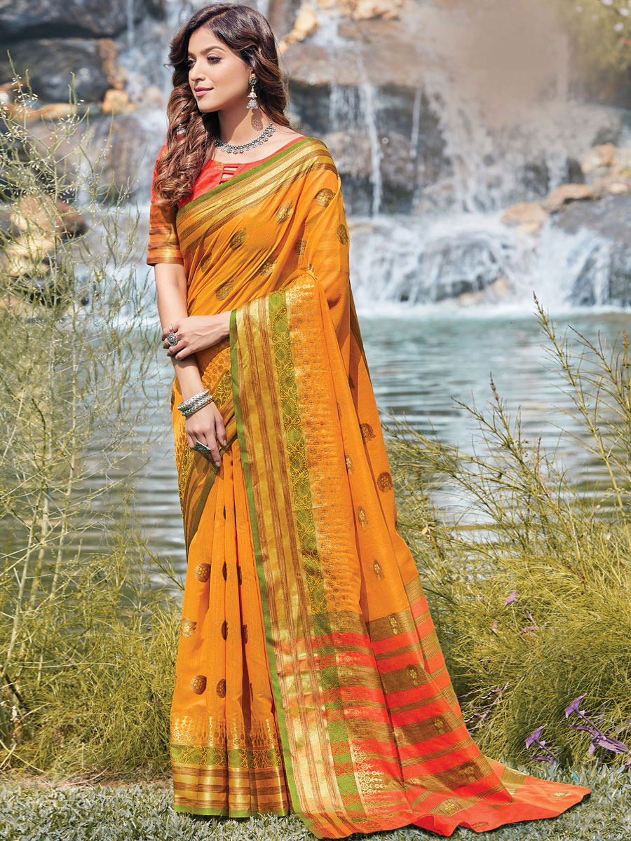 Orange Peel Cotton Handwoven Festival Saree