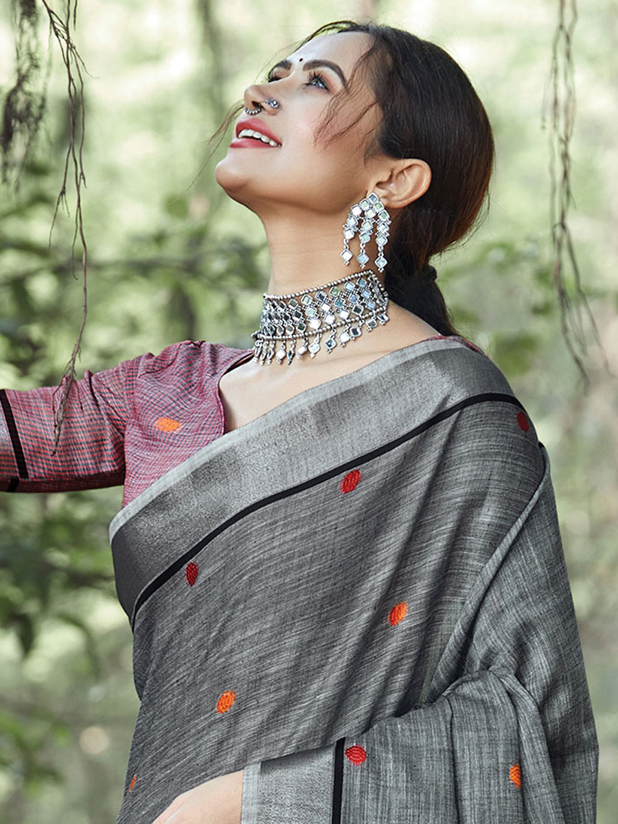 Gray Linen Handwoven Casual Saree