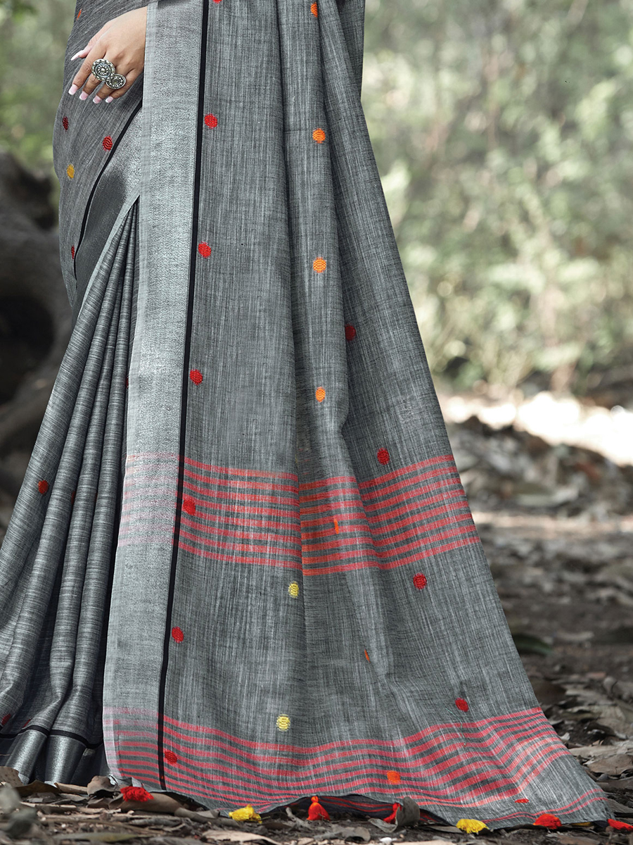 Gray Linen Handwoven Casual Saree