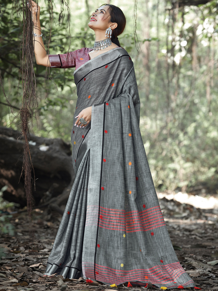 Gray Linen Handwoven Casual Saree