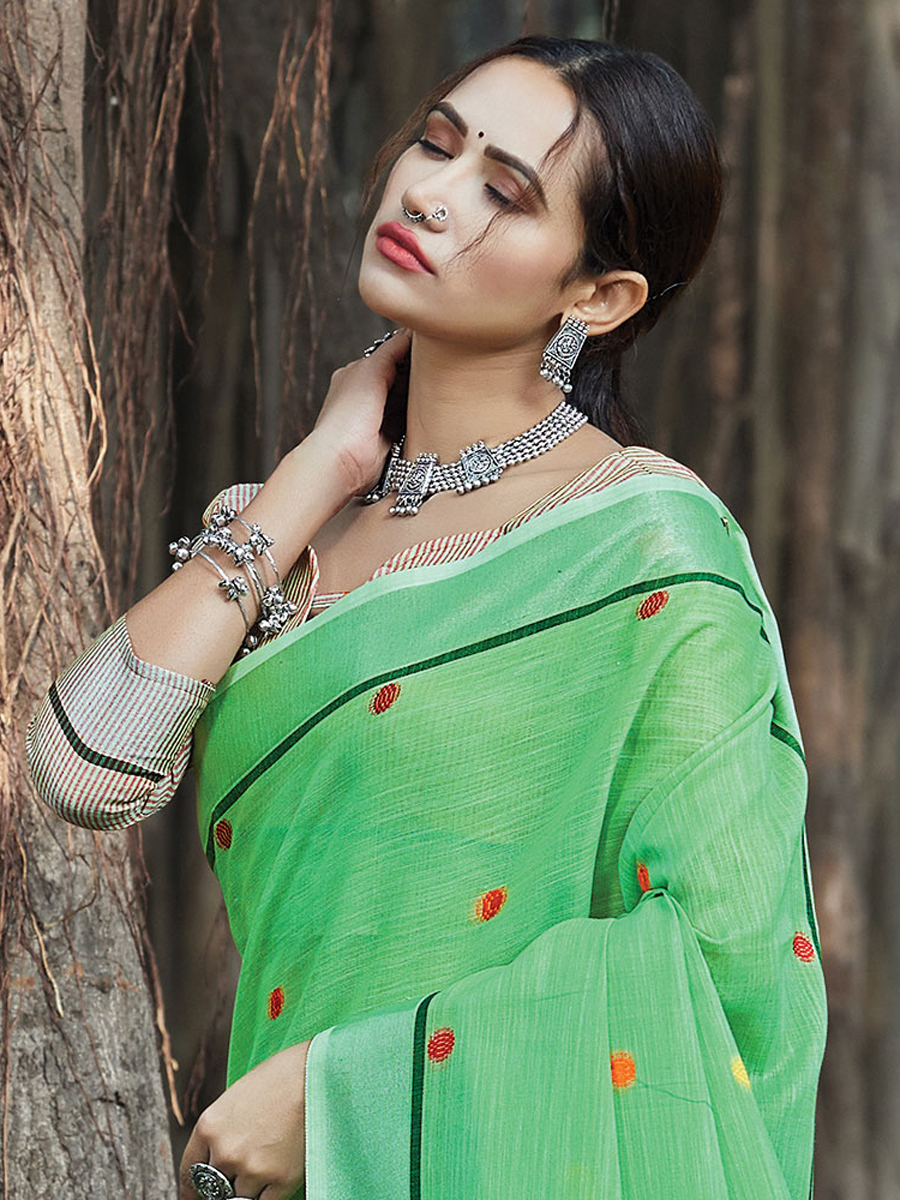 Parrot Green Linen Handwoven Casual Saree