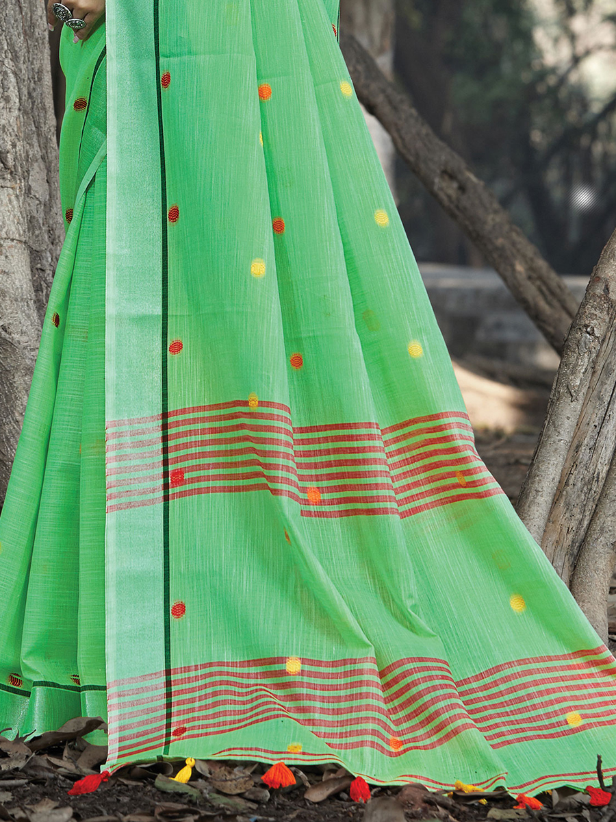Parrot Green Linen Handwoven Casual Saree