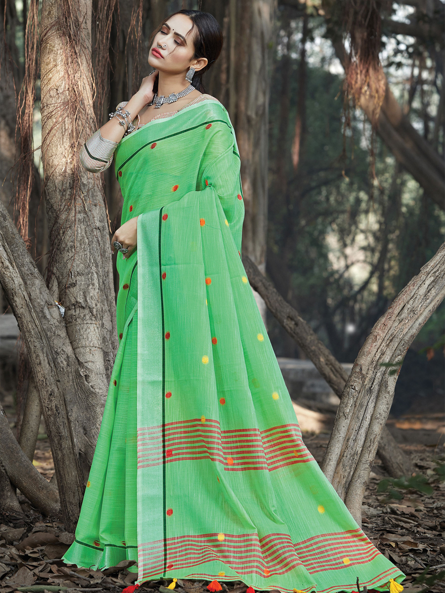 Parrot Green Linen Handwoven Casual Saree