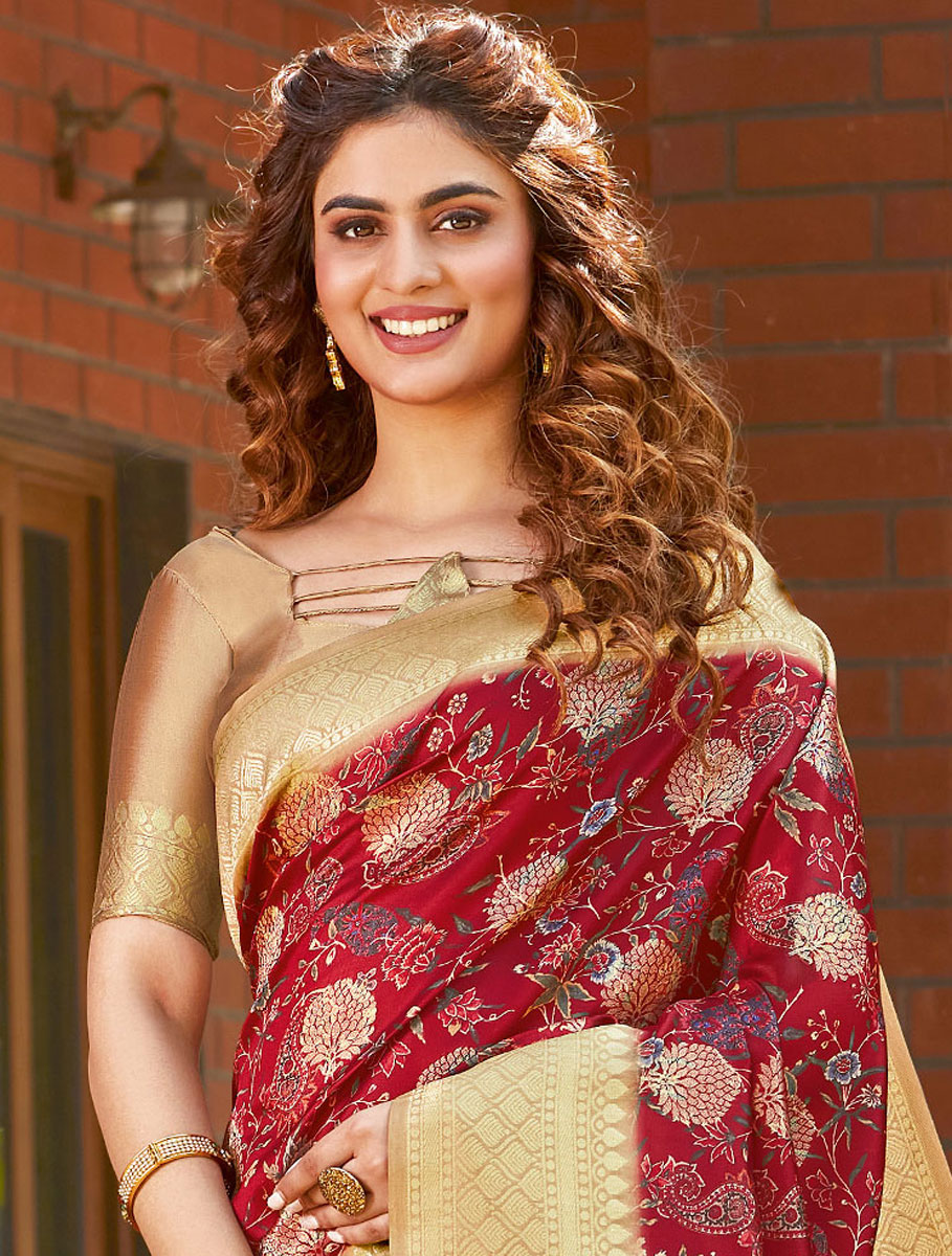 Dark Pink Silk Printed Festival Saree