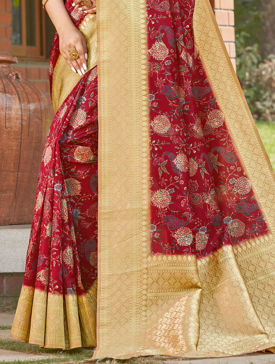 Dark Pink Silk Printed Festival Saree