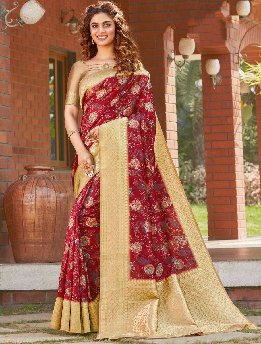 Dark Pink Silk Printed Festival Saree