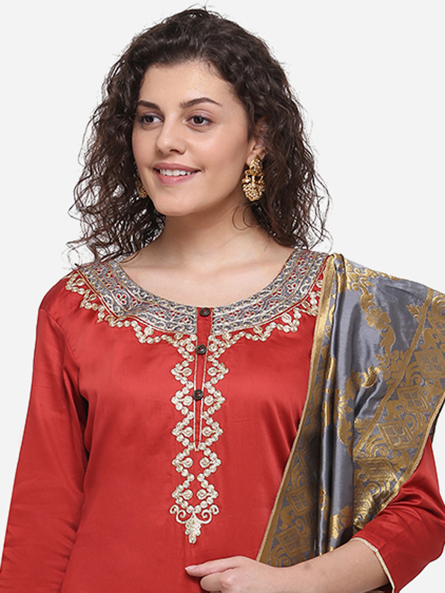 Rose Madder Red Silk Embroidered Party Pant Kameez