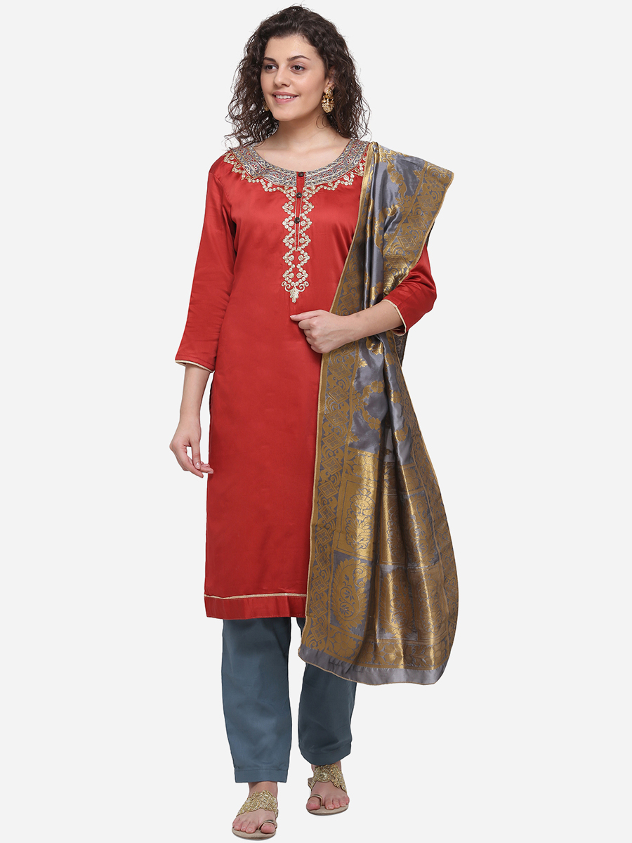 Rose Madder Red Silk Embroidered Party Pant Kameez