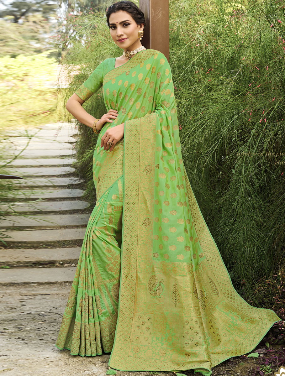 Parrot Green Silk Handwoven Festival Saree