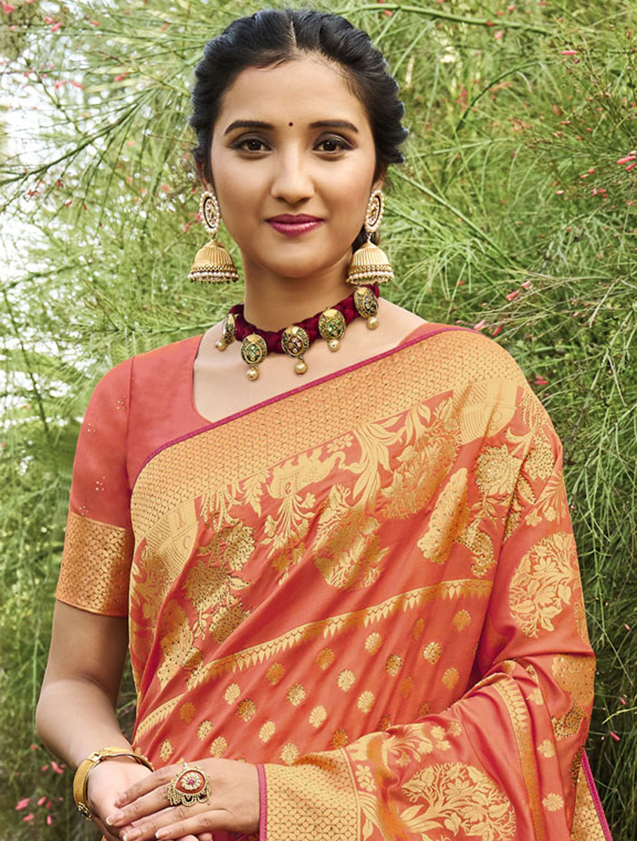 Coral Orange Silk Handwoven Festival Saree