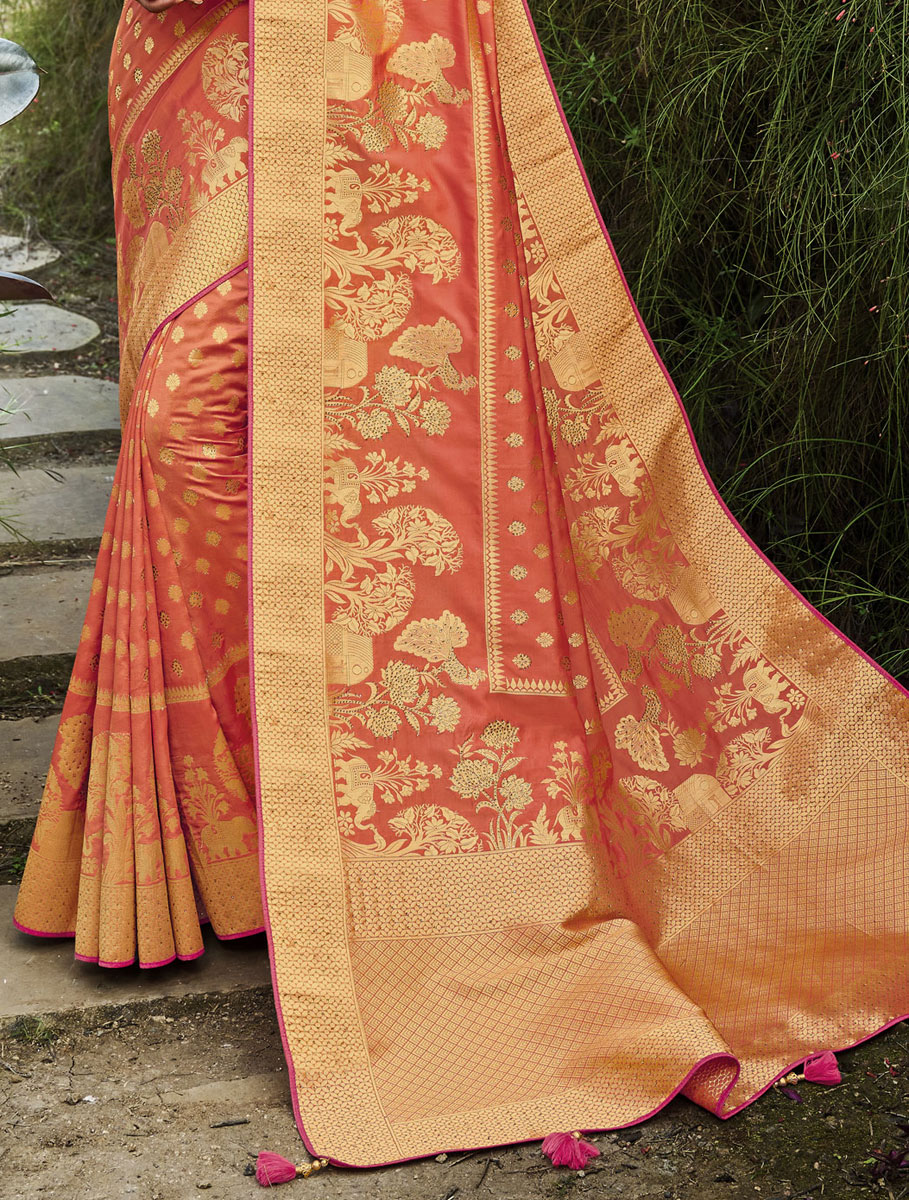 Coral Orange Silk Handwoven Festival Saree