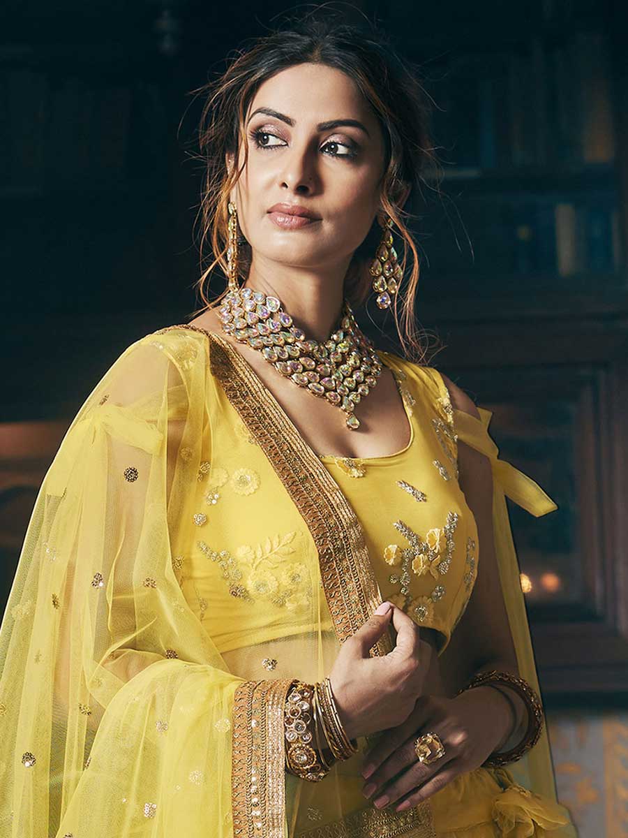 Lemon Yellow Net Embroidered Bridal Lehenga Choli