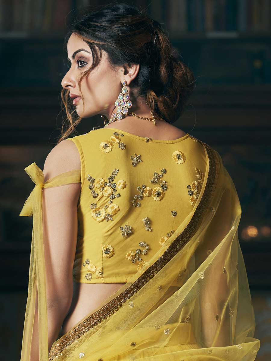 Lemon Yellow Net Embroidered Bridal Lehenga Choli