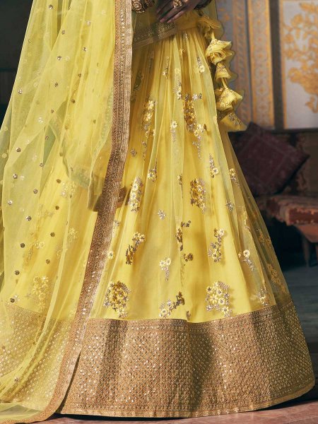 Lemon Yellow Net Embroidered Bridal Lehenga Choli
