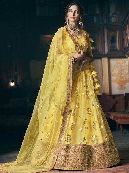 Lemon Yellow Net Embroidered Bridal Lehenga Choli