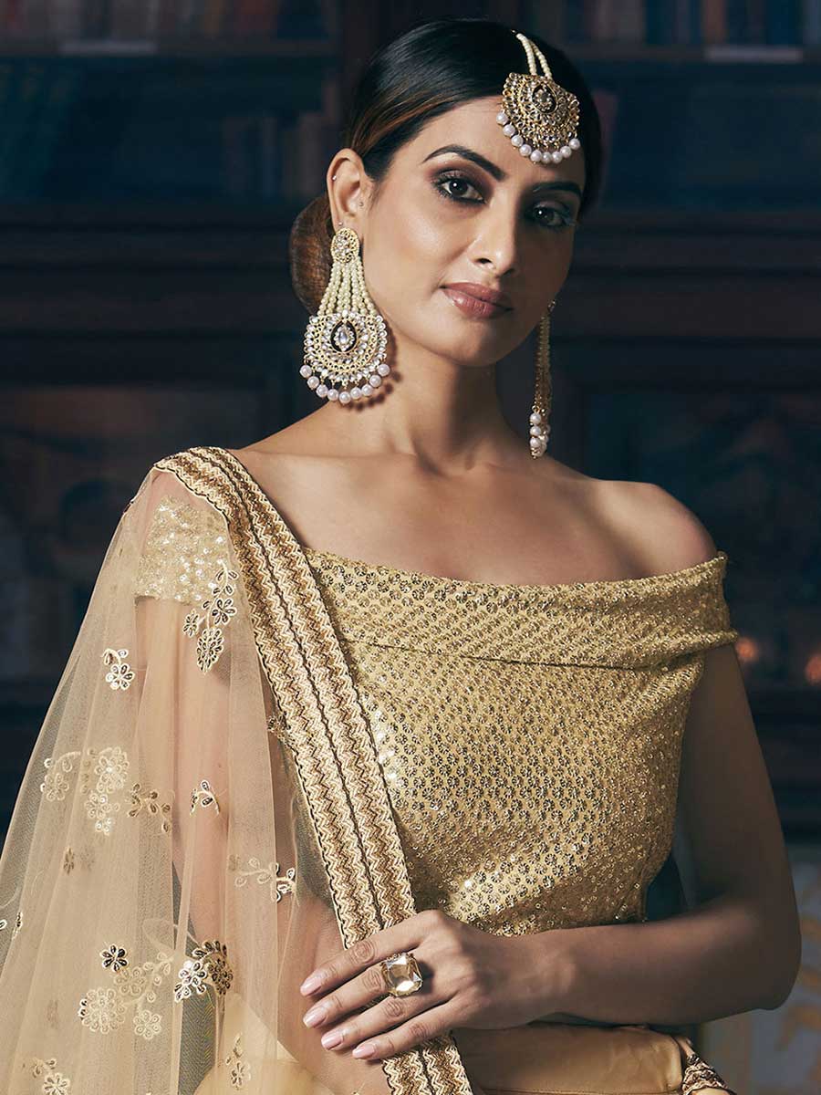 Cream Yellow Net Embroidered Bridal Lehenga Choli