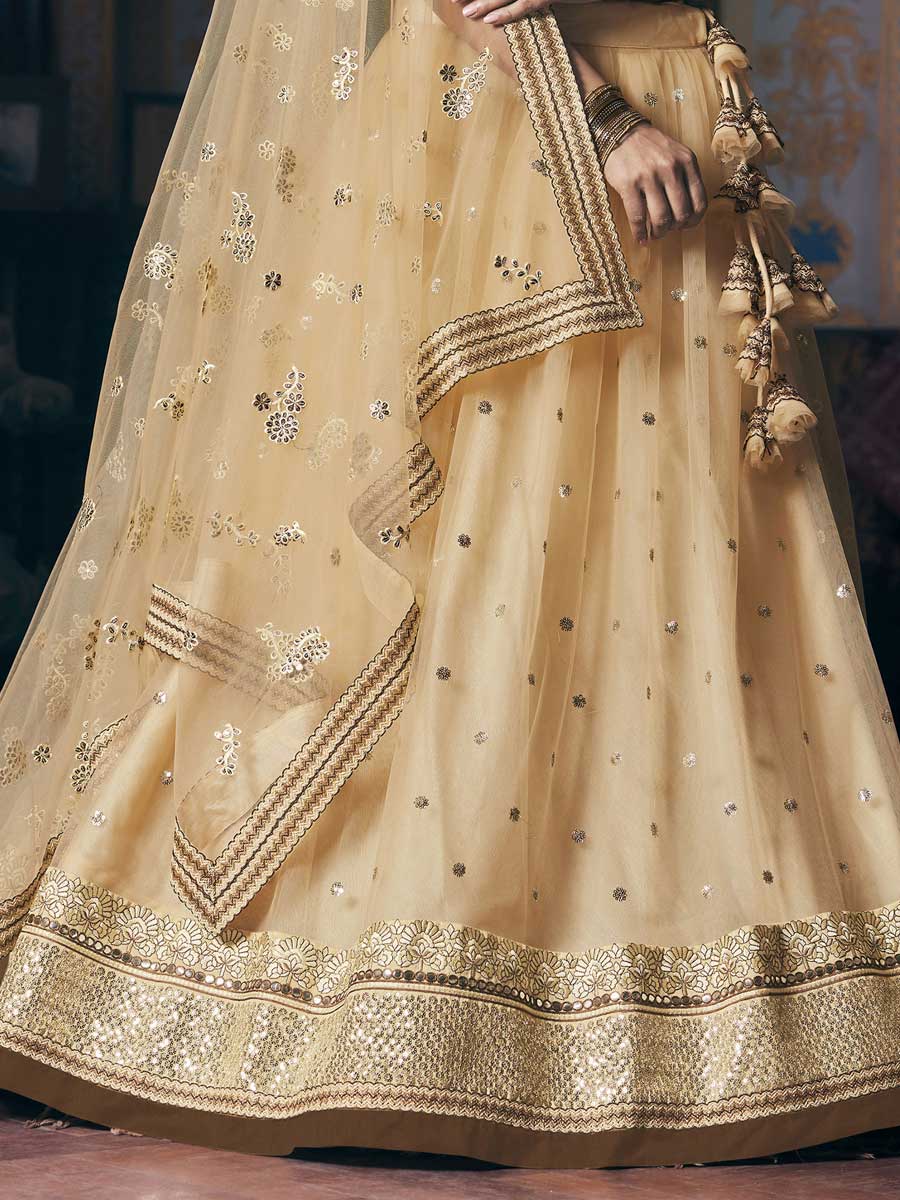 Cream Yellow Net Embroidered Bridal Lehenga Choli