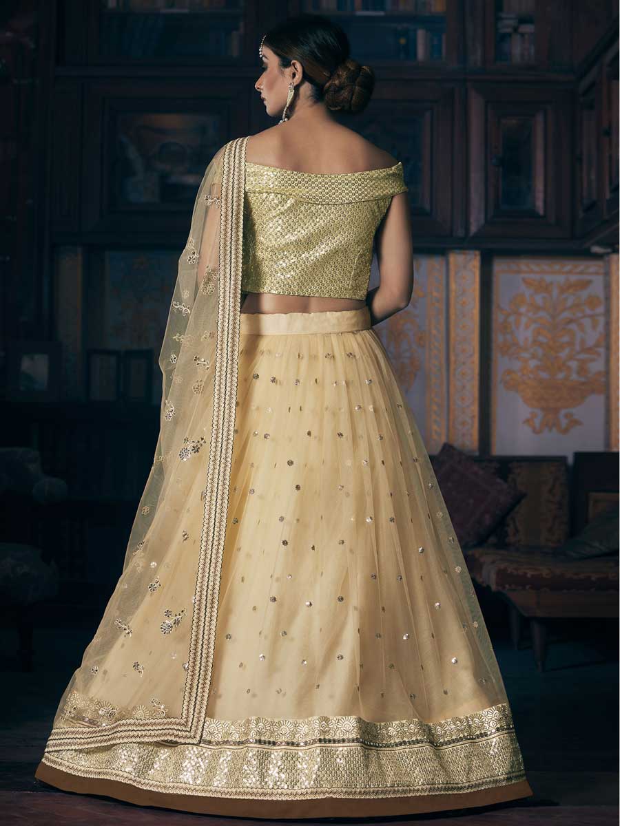 Cream Yellow Net Embroidered Bridal Lehenga Choli