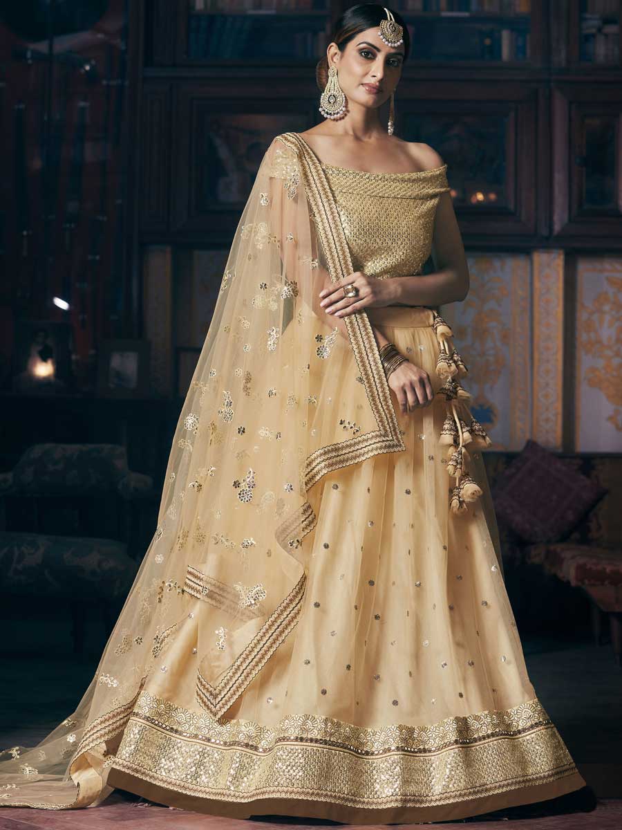 Cream Yellow Net Embroidered Bridal Lehenga Choli