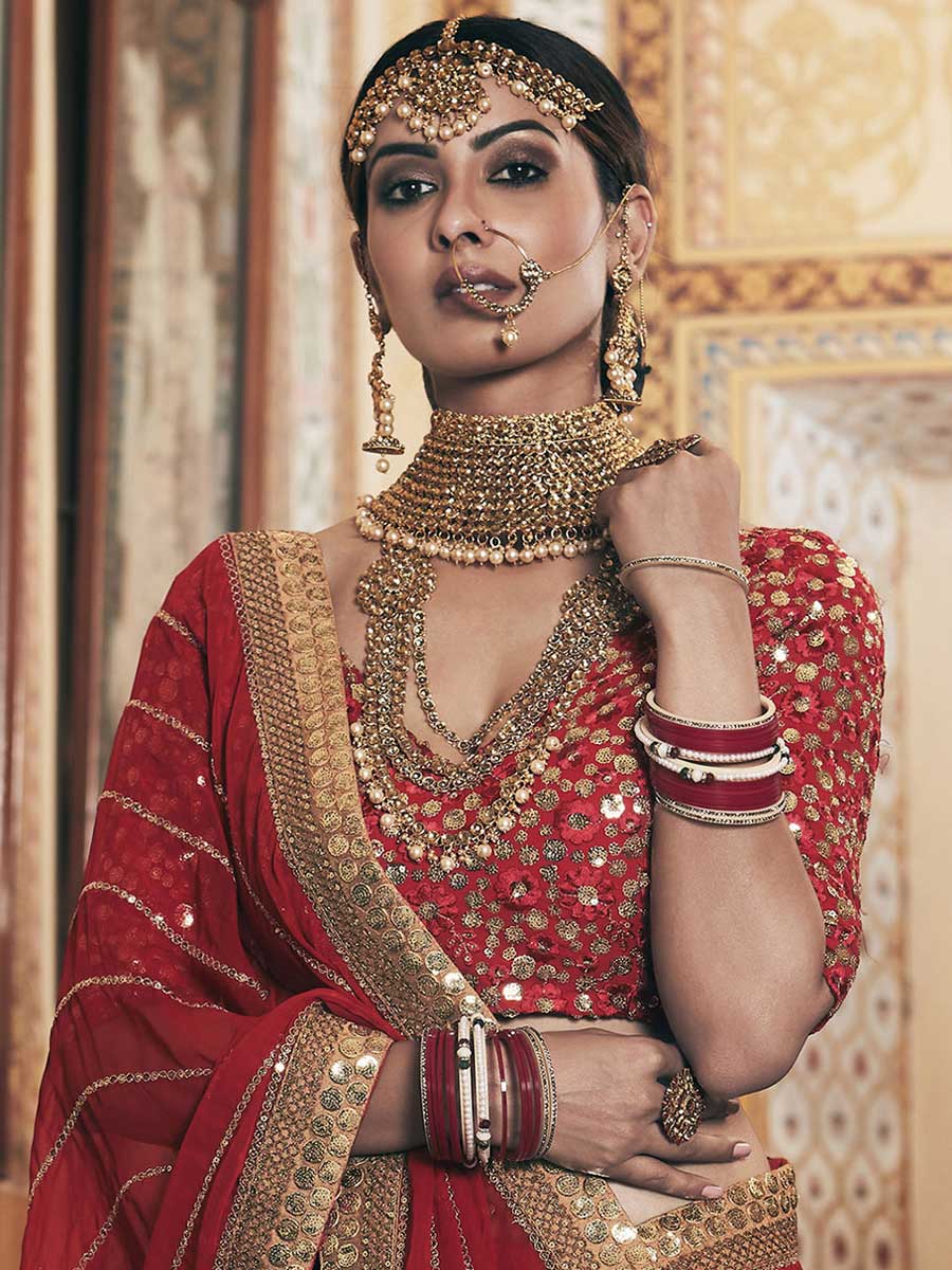 Burgundy Red Faux Georgette Embroidered Bridal Lehenga Choli