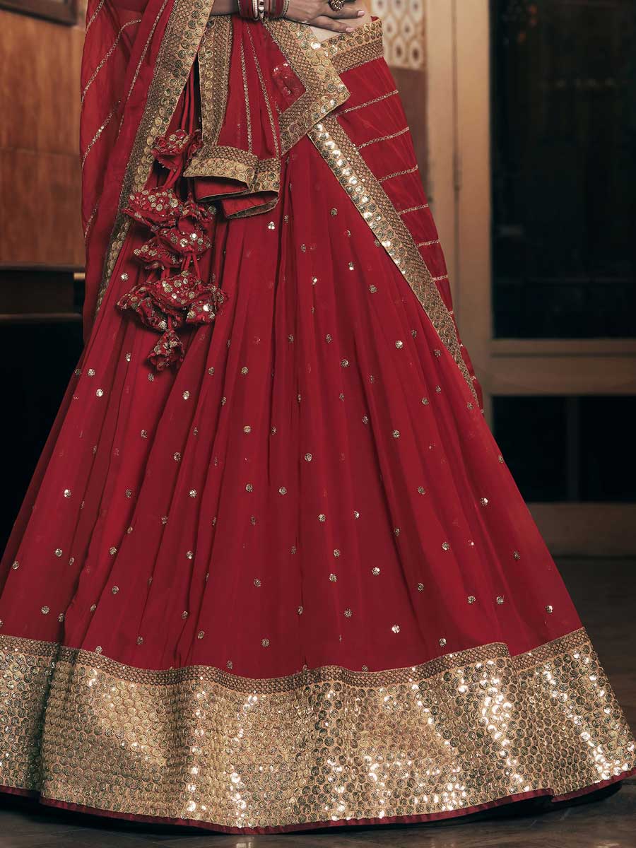 Burgundy Red Faux Georgette Embroidered Bridal Lehenga Choli