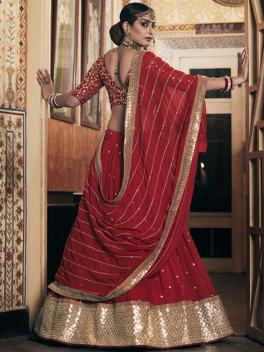 Burgundy Red Faux Georgette Embroidered Bridal Lehenga Choli