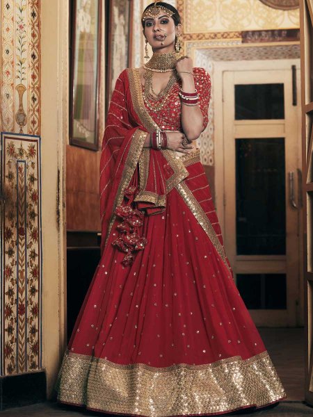 Burgundy Red Faux Georgette Embroidered Bridal Lehenga Choli